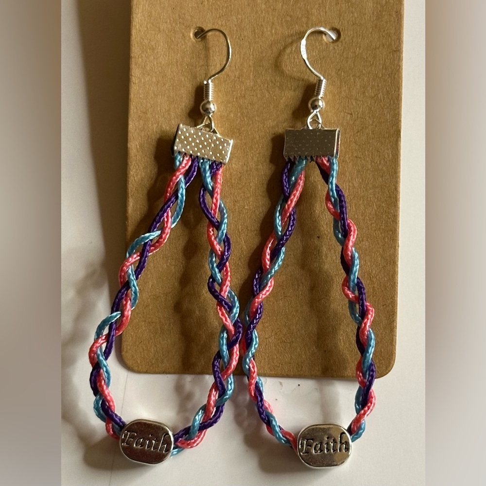 Pink Purple and Blue Faith Braided Rope Earrings - Picture 2 of 3